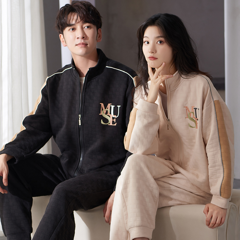 睡衣情侣立领拉链长袖纯棉