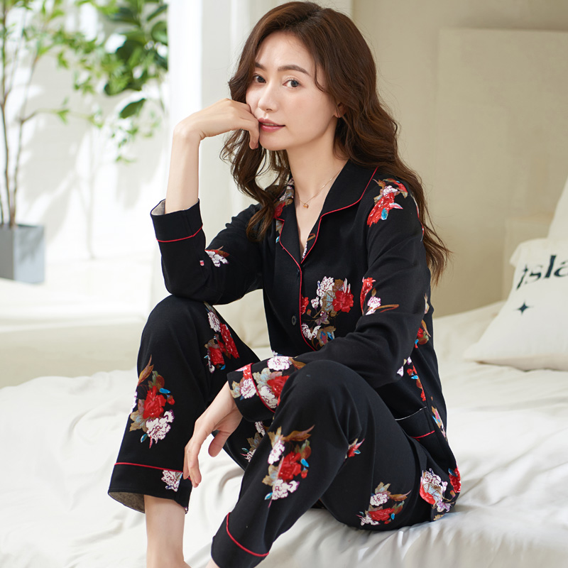 圆人睡衣女春秋季纯棉长袖家居服