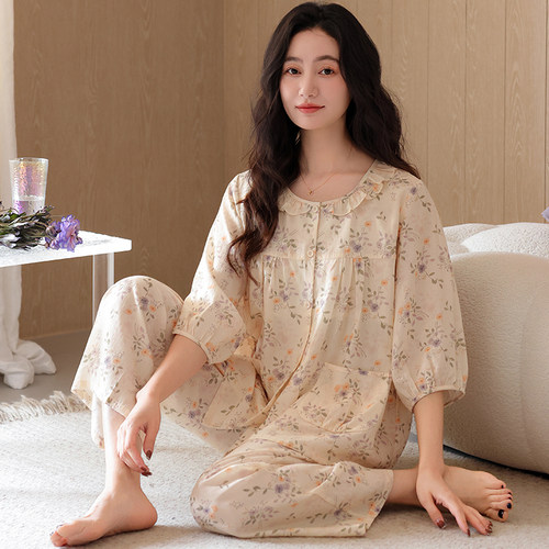碎花七分袖睡衣女莱赛尔棉
