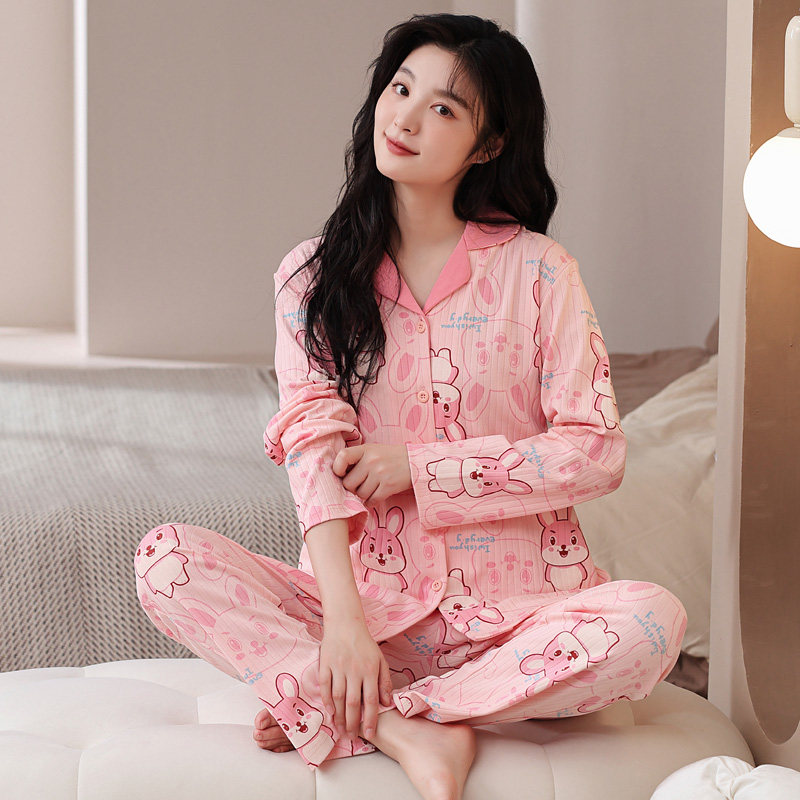 圆人睡衣秋天新款大码开衫春秋季女士卡通长袖青年纯棉家居服套装