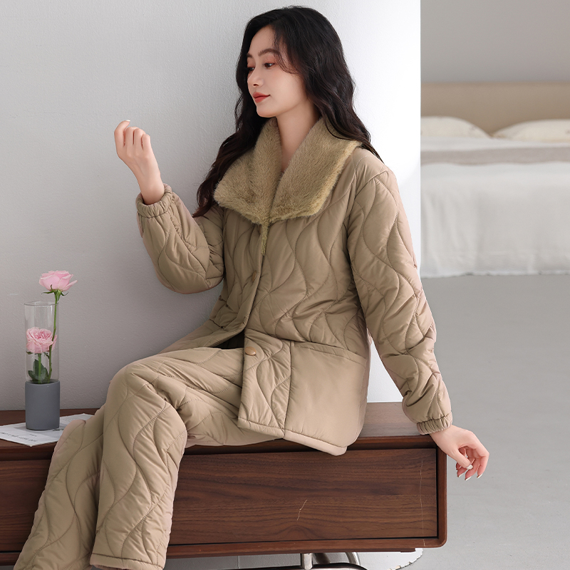 加绒长袖三层大码冬天睡衣女
