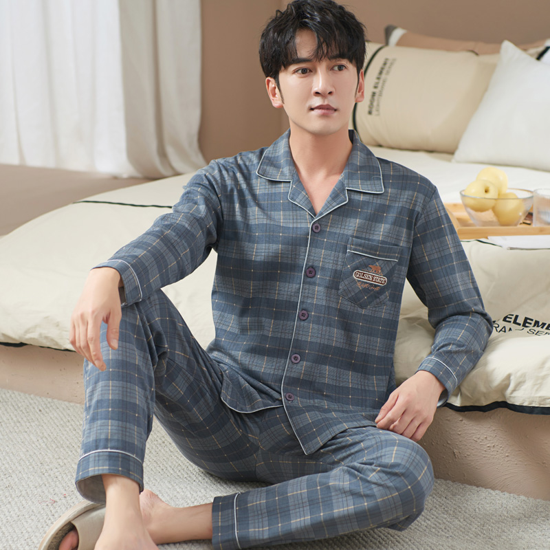 圆人男士睡衣春秋格子透气全棉