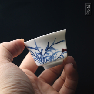 老潮州库存薄胎铃铛杯马蹄杯手绘功夫茶杯高温釉下彩普洱杯主人杯