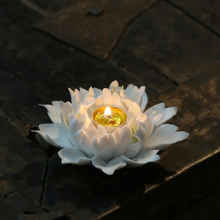 陶瓷白莲花纯手工花朵烛台酥油灯座长明灯家用佛堂供奉 供灯礼佛