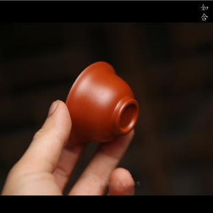 潮州红泥工夫小茶杯陶瓷朱泥高温反口杯紫砂防烫内白釉可养30cc