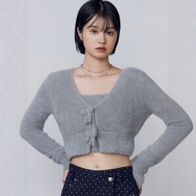 EMODA Shaggy Compact Ribbon Twin 25AW 毛绒两件套背心针织开衫