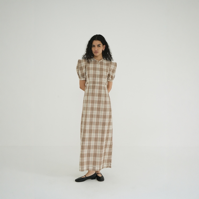 CLANE格子泡泡袖连衣裙