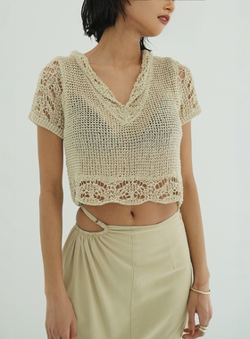 日代 CLANE CROPPED CROCHET KNIT TOPS 25SS 短款V领钩针针织衫