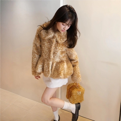 Bibiy萌梅花鹿纹仿皮草短外套