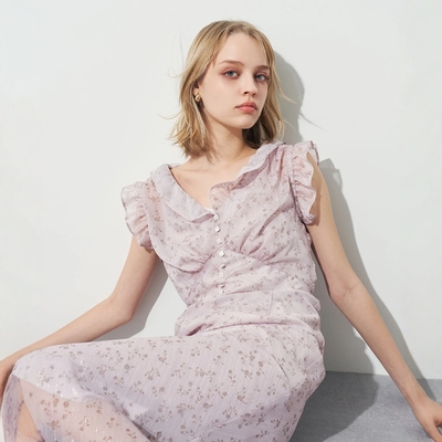 DEICY银丝褶边花卉连衣裙