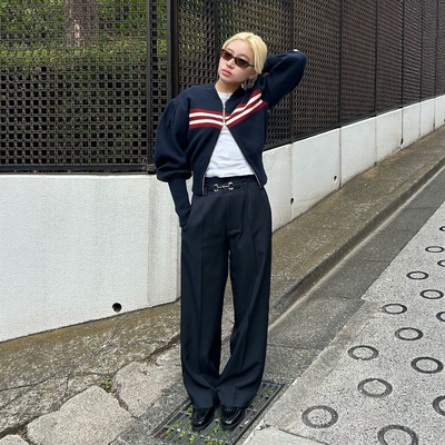 Bibiy泡泡袖拼色拉链针织衫外套