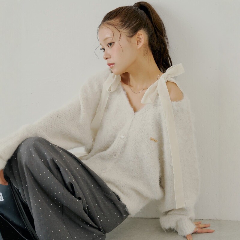 日代 Chico Velvet Ribbon Knit Cardigan 25AW 天鹅绒丝带针织衫