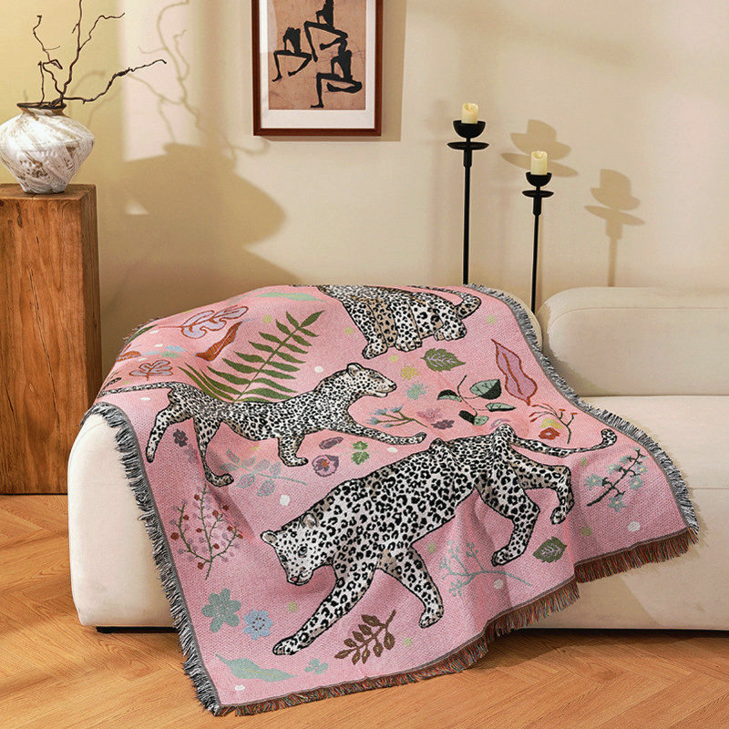 跨境粉红金钱豹挂毯油画中古风沙发毯装饰氛围毯子盖毯户外露营毯