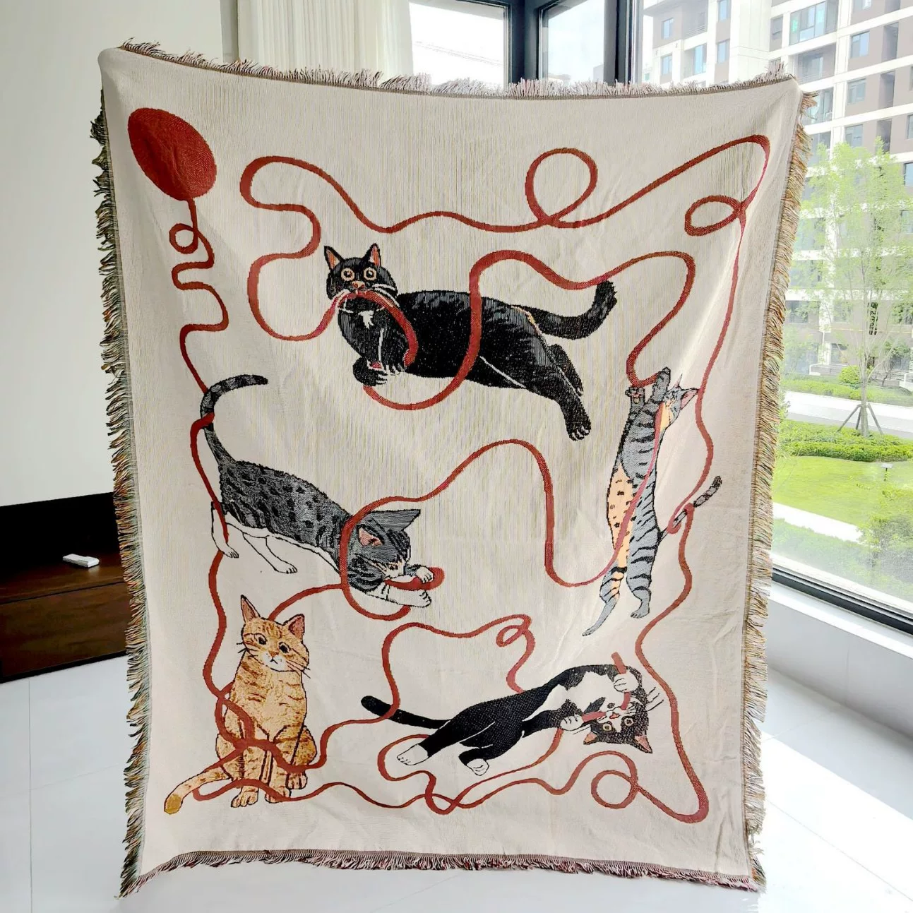 猫咪线团线毯插画装饰挂毯露营毯