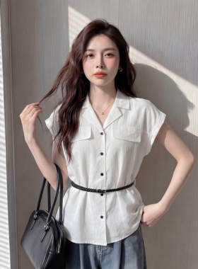 老钱风白色亚麻短袖衬衫女夏季薄款高级感气质休闲百搭上衣配腰带