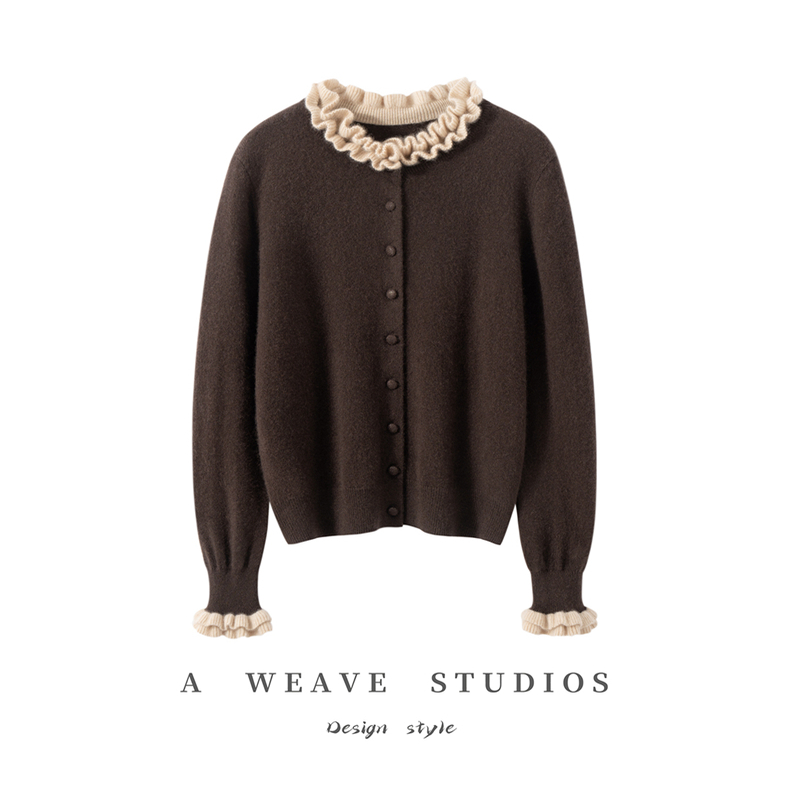 【吴姐】长袖木耳边圆领小香开衫纯山羊绒显瘦羊绒开衫