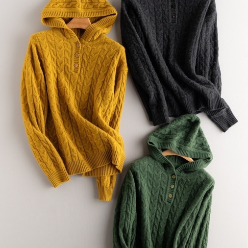 重工麻花纯山羊绒加厚女士连帽衫秋冬打底毛衣