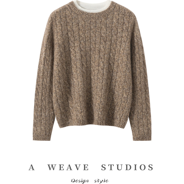通勤风麻花纹羊绒衫女圆领长袖假两件针织衫保暖毛衣,女装/女士精品,羊绒衫,淘宝优惠券,粉丝福利购,淘宝优惠卷
