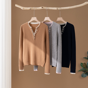 秋冬休闲女装 打底衫 纯羊绒V领 V领染色女撞色衫 宽松型厚款