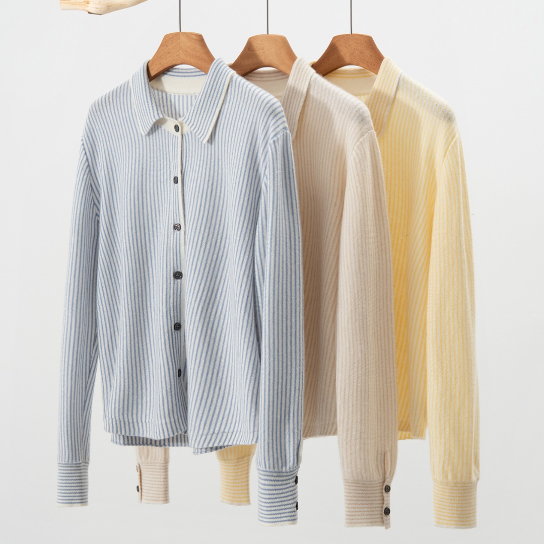 竖条纹撞色羊绒衫开衫