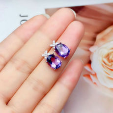 Серьги 天然紫水晶耳钉女s925纯银紫宝石耳环日韩版气质简约耳饰品带证书