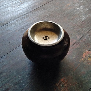 质素堂 梅花落水 民国黑釉陶罐锡盖建水 人文茶道器物 水方 水盂