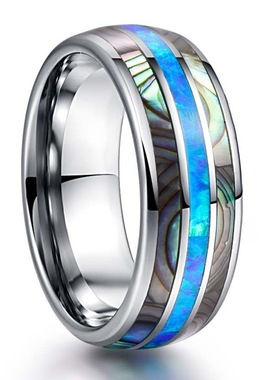 8MM宽抛光圆顶三槽镶澳宝+鲍鱼壳男士钨钢戒指现货一件代发