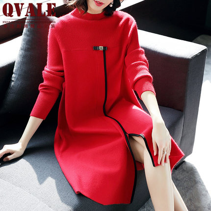 2017秋冬季女装红色连衣裙婚礼中长款A字型宽