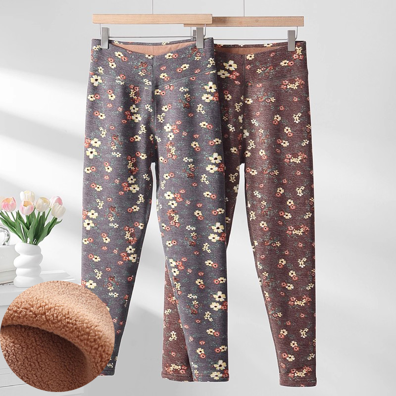 中厚女士加绒保暖裤中老年妈妈高腰弹力一体绒碎花打底裤薄棉裤冬
