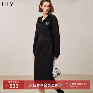 LILY2024冬新款女装优雅爱心钉钻收腰POLO领连帽卫衣连衣裙小黑裙