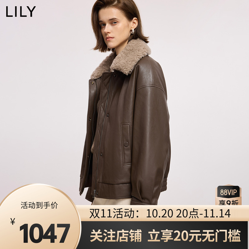 LILY2025冬新款羊毛混纺翻领复古PU皮休闲90鸭绒羽绒服外套女短款