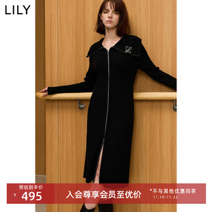 LILY2024冬新款女装气质大翻领高级感修身黑色针织连衣裙小黑裙女