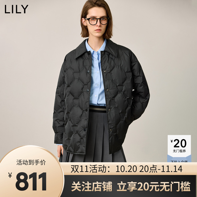 LILY2025冬新款女装经典菱格纹衬衫领90鸭绒黑色羽绒服外套中长款