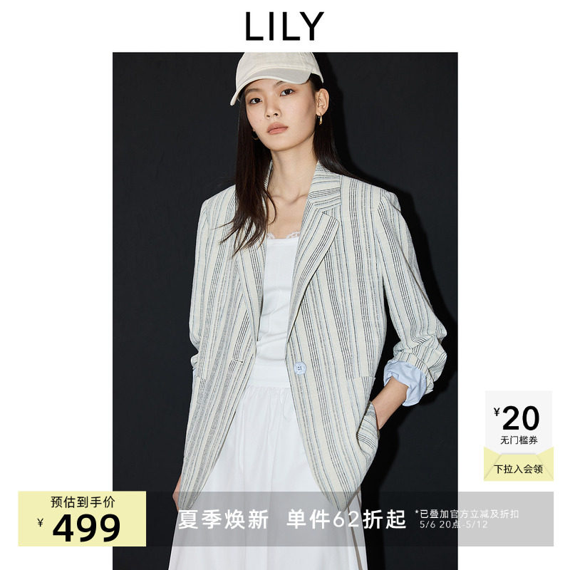 LILY2025春老钱风松弛感条纹宽松休闲百搭通勤薄款宽肩西装外套女