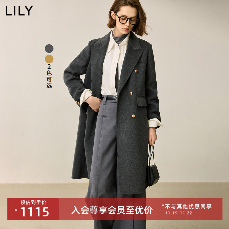 LILY2024冬新款女装绵羊毛轻奢气质通勤高级感毛呢大衣外套女长款