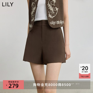 LILY2025秋新款含亚麻复古老钱风松紧腰休闲通勤百搭直筒裤短裤女