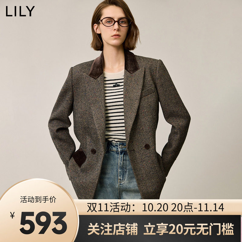 LILY2024冬新款女装复古美拉德彩点花呢丝绒拼接收腰西装外套女款