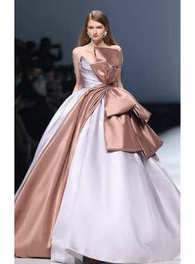 高奢大品牌Ivan奢华缎面紫色香槟拼色大蝴蝶结礼服甜美生日成人礼