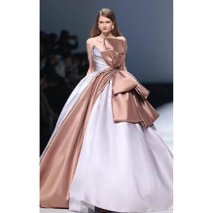 高奢大品牌Ivan奢华缎面紫色香槟拼色大蝴蝶结礼服甜美生日成人礼