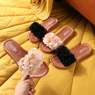 女百搭时尚 喜步佳一字拖鞋 女2021新款 串花凉拖鞋 平底防滑沙滩韩版