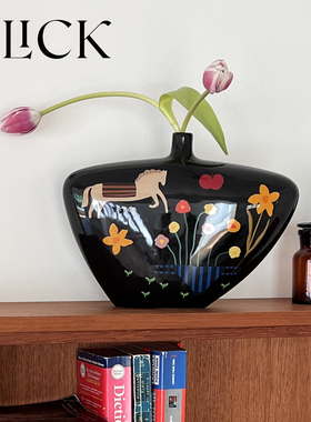 click复古小马斜肩花瓶花卉图案家居陶瓷摆件装饰马年乔迁礼物