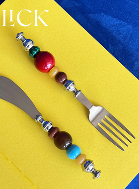click复古彩色串珠刀叉餐具不锈钢黄油刀西餐叉水果叉创意可爱