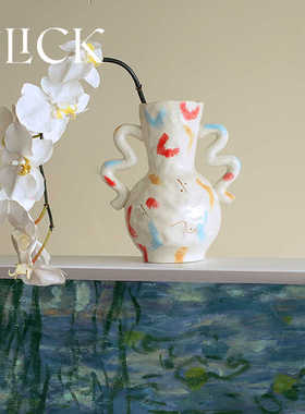 click双耳彩绘花瓶手工艺术高级感陶瓷花瓶家居装饰原创设计礼物