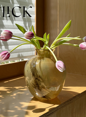 click琉璃玻璃花瓶烟灰墨笔复古花瓶新中式侘寂风桌面装饰