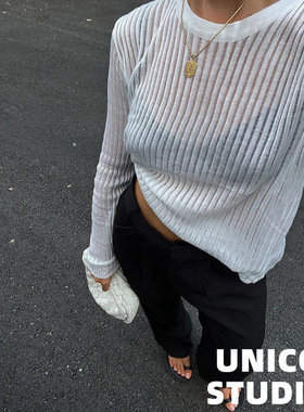 欧美ins街头风y2k辣妹镂空透视性感薄款圆领套头宽松针织衫罩衫