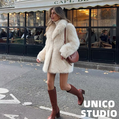 欧美ins博主辣妹上身环保人造皮草大衣翻领保暖中长款加厚外套