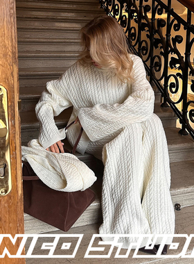 欧美复古软糯糯麻花针织宽松套头毛衣+宽松阔腿长裤套装 不含围巾