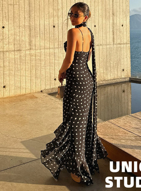 法式复古欧美ins博主上身围巾设计波点吊带露背连衣裙长裙