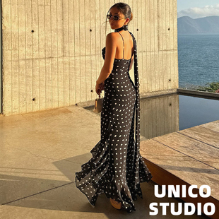法式 复古欧美ins博主上身围巾设计波点吊带露背连衣裙长裙