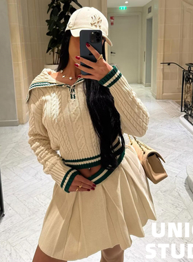 欧美ins博主上身拼色学院风大翻领针织衫+高腰百褶裙 套装